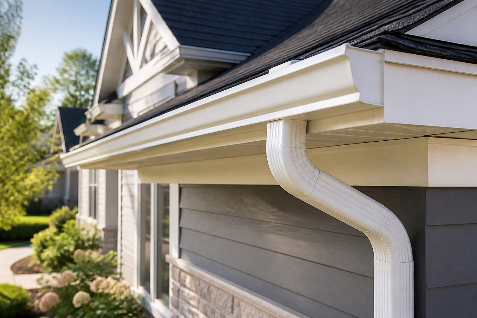 White seamless gutter installed along a dark roof